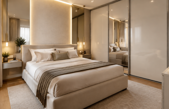 Camera da letto moderna con arredi eleganti, illuminazione calda e armadio a specchio, ideale per ottimizzare lo spazio in una stanza piccola.