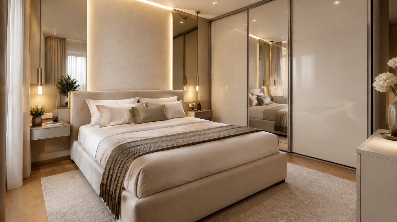 Camera da letto moderna con arredi eleganti, illuminazione calda e armadio a specchio, ideale per ottimizzare lo spazio in una stanza piccola.