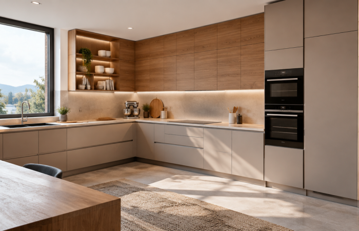 Cucina angolare moderna con mobili in legno chiaro e finiture beige, illuminata da luce naturale e luci a LED, con vista su paesaggio naturale.
