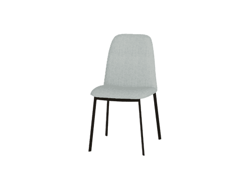 Sedia LIMA con schienale curvo in tessuto grigio chiaro e gambe in metallo nero.